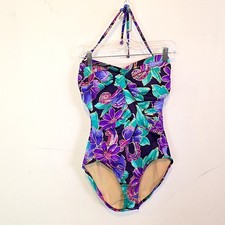 Vintage Slimsuit Womens Sz 12 Bathing Suit Halter Strap Purple Floral Underwired