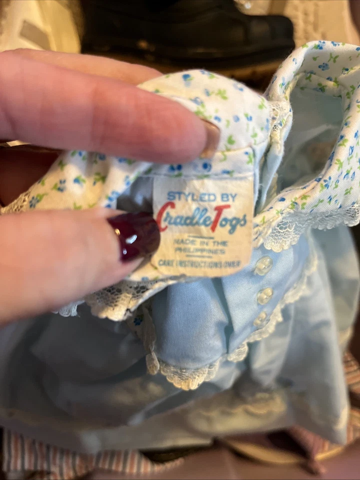 Vintage Cradle Togs Baby Girl 0-3 M Dress Short Sleeve Blue Floral lace Kitten - Image 3 of 3