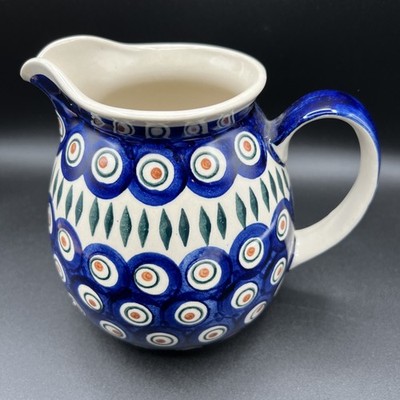 Polish Pottery Farm Pitcher Jug Boleslawiec Wiza  Peacock Hand Made In Poland