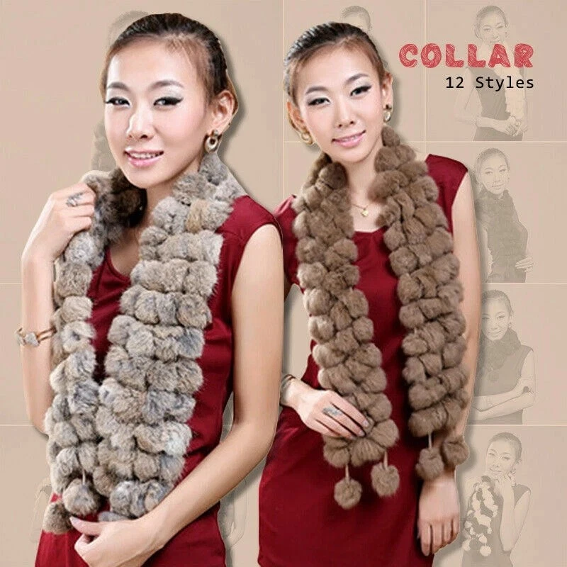 Women Winter Warm Rabbit Fur Scarf Furry Pompom Shawl Scarves Fashion