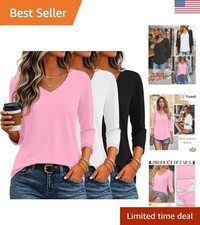 Versatile Women's 3/4 Sleeve V-Neck T-Shirts in Black, Pink, White - 3 Pack