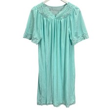 Vintage Shadowline Nylon Nightgown Lace V-Neck Size S Teal Blue Floral Short