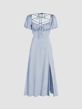 CIDER Sky Blue Satin M Knotted Puff Sleeve Split Midi Dress Princess Bridesmaid