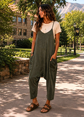 Free People FP Movement Olive Green Harem Jumpsuit Overalls Romper Size L