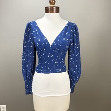 Reformation Blue White Celestial Star Print V-Neck Blouse Sz 0 Crop Top