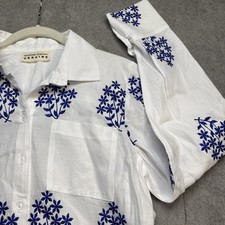 Handmade Ukraine Blue White Embroidered Vyshyvanka Button Up Blouse Medium