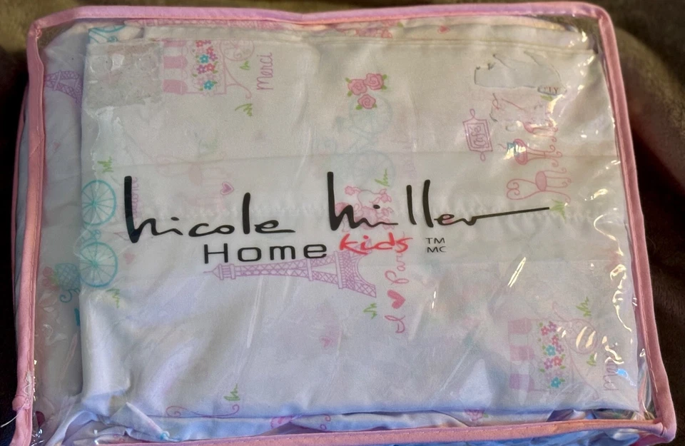 Juego de sábanas dobles corazones Torre Eiffel Nicole Miller París rosa púrpura turquesa 3 piezas Foto 3 de 4