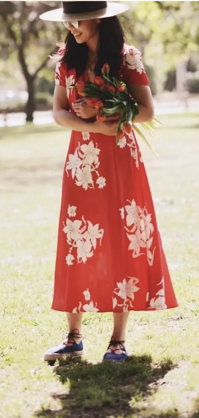 M&S Alexa Chung Womens Misty Red White Floral 1940s Tea Dress