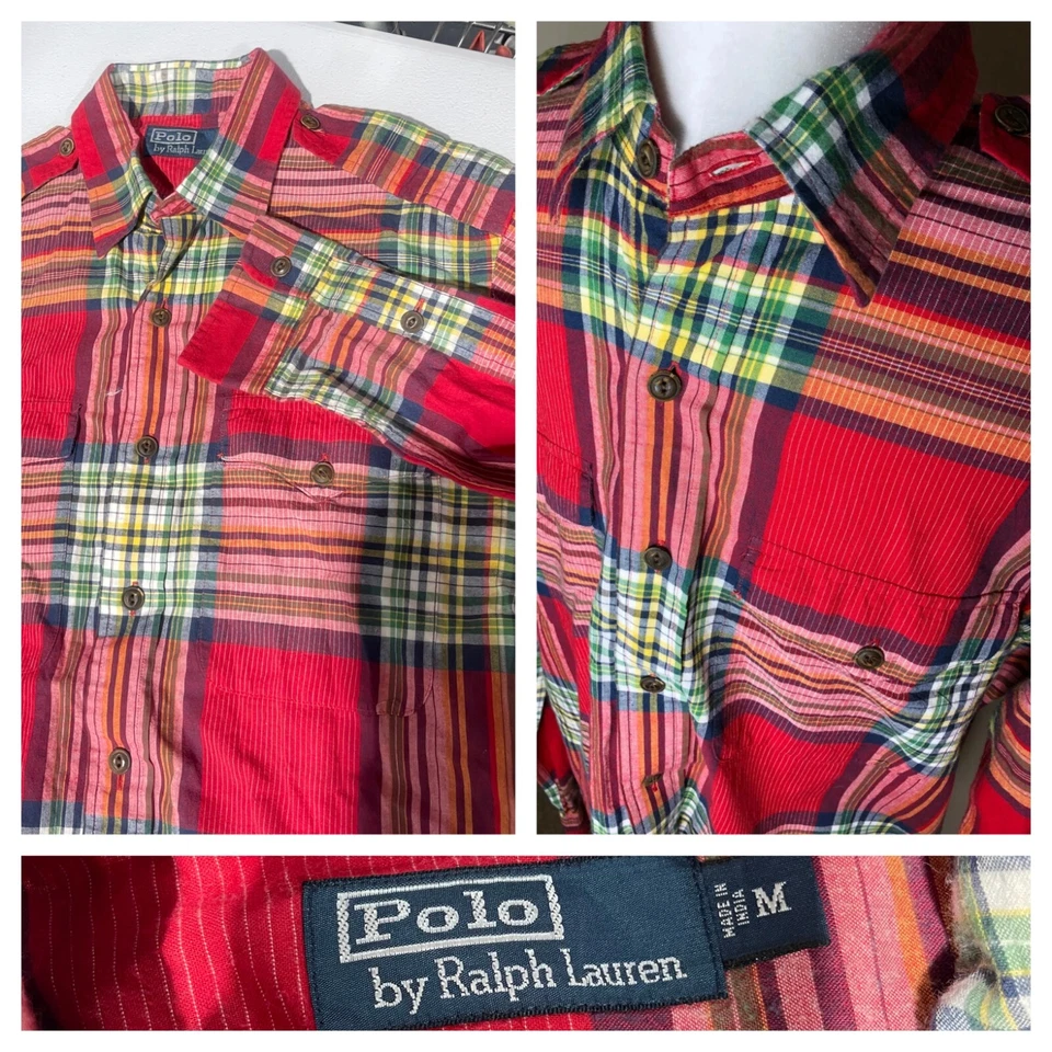 Polo Ralph Lauren Madras Camisa CPO Abotonada Algodón Rojo Cuadros Para Hombres Talla M Foto 2 de 4