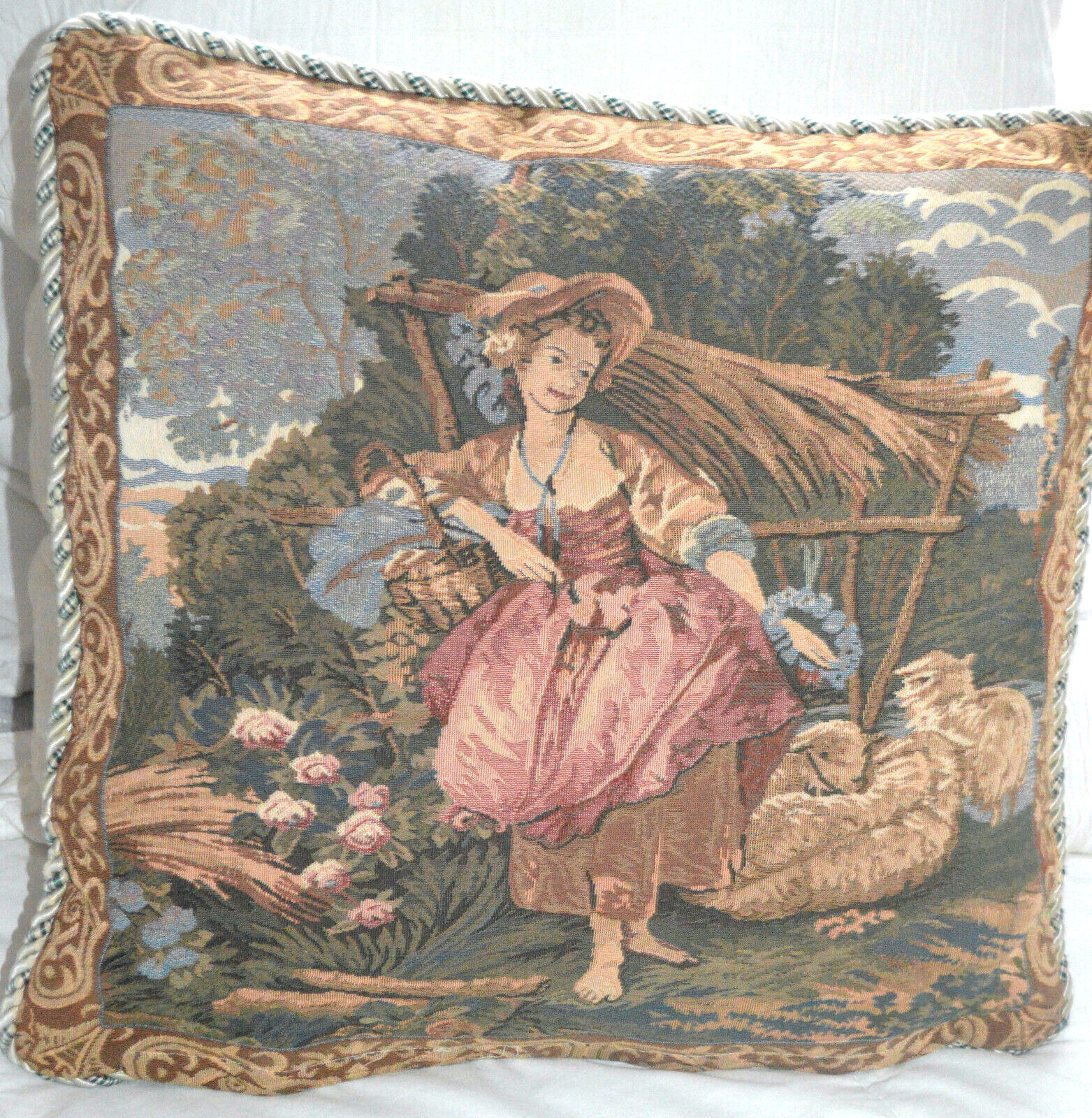 VTG TAPESTRY PILLOW PEASANT GIRL PASTORAL 18" Braided Trim SHEEP FRENCH COUNTRY