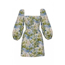 Reformation Greyson Mini Dress Linen Floral Print Green Blue Hillside Size: L