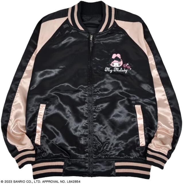 Sukajan MY MELODY Sanrio satin Embroidery Jacket Black Pink Silver