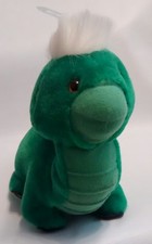Vintage Plush Dinosaur Green 10" Long White Fur On Head  Tail