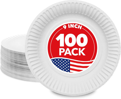 9-Inch Paper Plates Uncoated, Everyday Disposable Plates 9'' Paper Plate Bulk, Wh