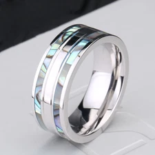 Double Seashell Lines Inlay Wedding Ring Stainless Steel Men Women Fashion Bands