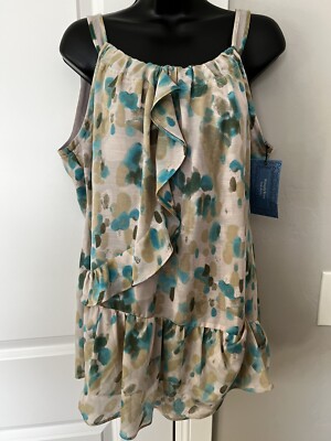 NWT $48 SIMPLY VERA WANG L Tank BLOUSE RUFFLE Top TAN TURQ BLUE LAYER SUMMER NEW