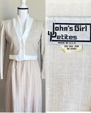 1980s Dress with Blazer, Vintage Khaki Two Piece Outfit, Scarf Collar,Linen-like