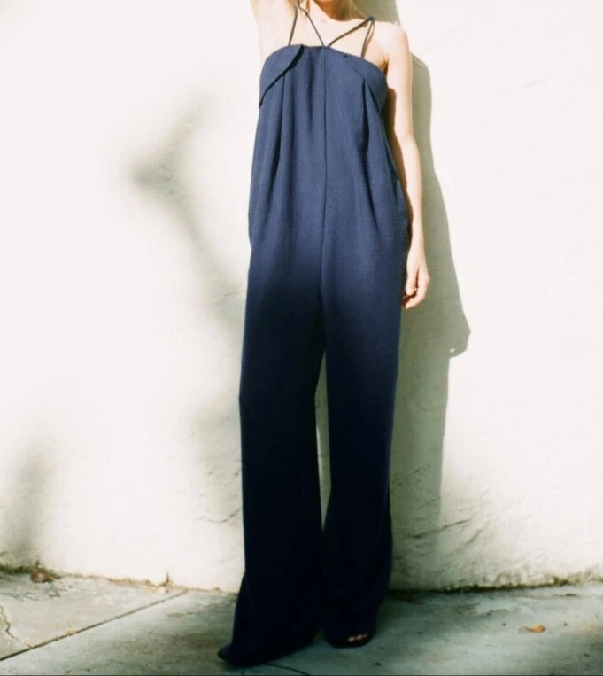 W W Stunning ZARA Navy Blue Long Flowing Jumpsuit UK Medium