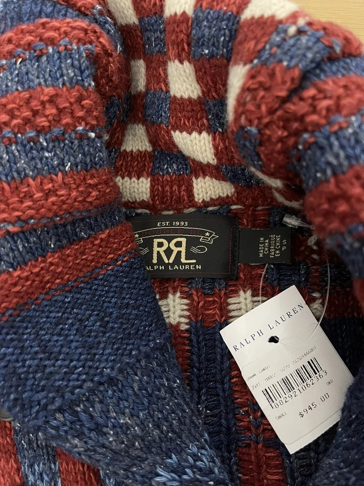 $945 RRL Ralph Lauren Small Sweater Plaid Shawl Polo Geometric Double RL Check - Image 4 of 4