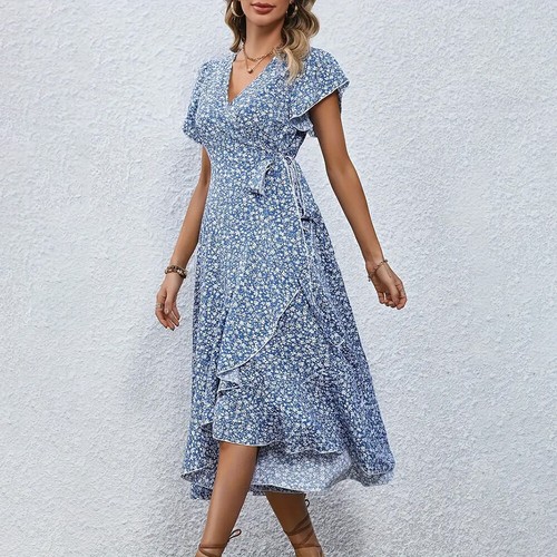 Boho Damen Blumen Sommerkleid Wickelkleid A-Linie Swing Midikleid Freizeitkleid - Bild 6 von 23