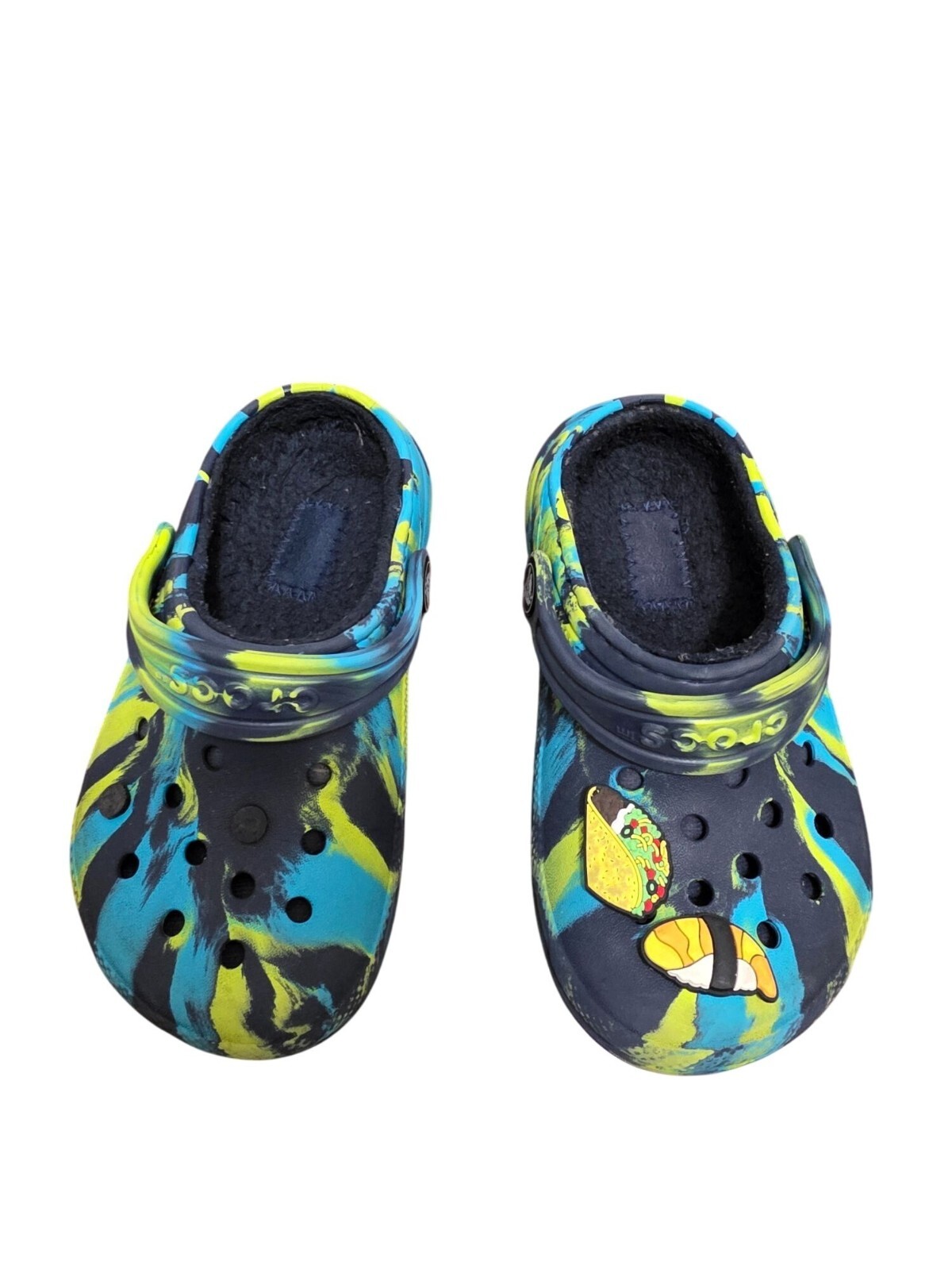 Tie-Dye Crocs Clogs Size 6 with Bee Charm & Fuzzy Lined Interior