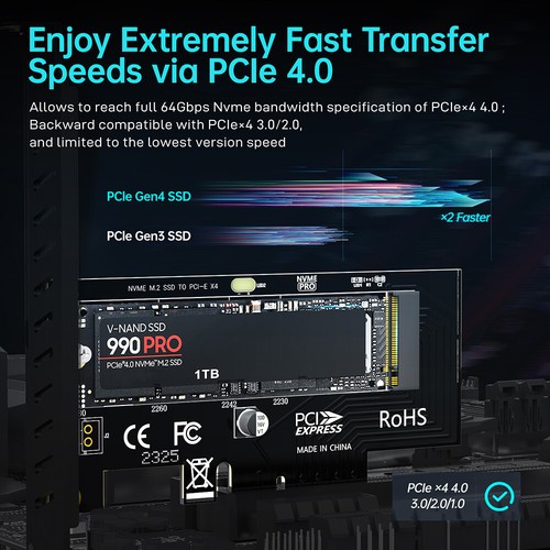 JEYI PCIe 4.0 X4 to M.2 NVMe Adapter 64Gbps Card With Aluminum SSD Heatsink - Picture 2 of 12