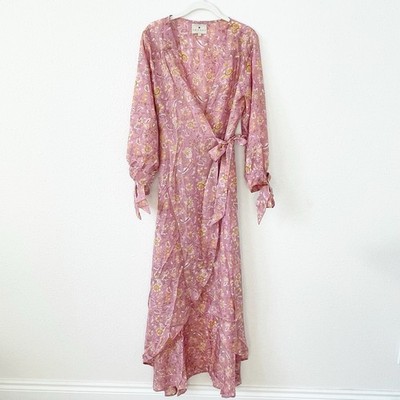 HANNAH ARTWEAR Luna Floral Silk Tie Cuff Maxi Wrap Dress in Sunrose Luxury
