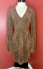 Newport News Women's BROWN Metallic Knit SWEATER DRESS V-Neck Long Sleeve Sz M