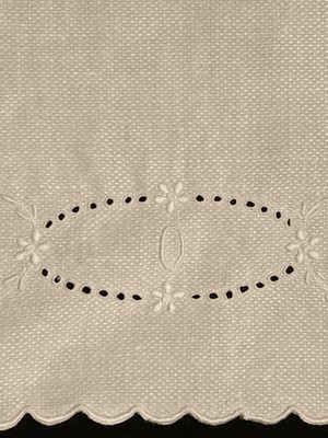 Antique Vintage White Linen Huck Guest Towel Monogram O Scalloped 34 x18  FINE