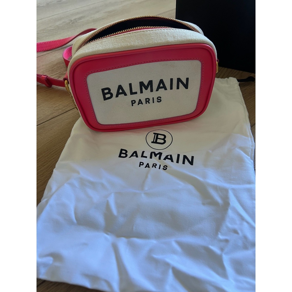 Balmain Paris Canvas Leather Trim Camera Bag Pink Gold Chain Logo