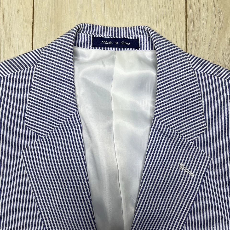 Alan Flusser Striped Seersucker Suit Mens Size 40R 34Wx32L Cotton Blue White - Image 3 of 4