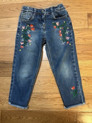 Mini Boden Girls Embroidered Floral Jeans Size 6Y Blue Raw Hem
