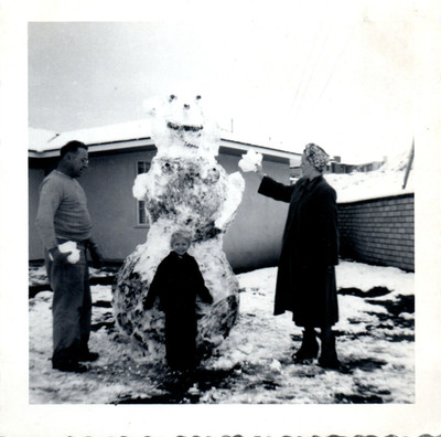 1950s Family Building Large Snowman Odd In Yard Winter Vintage Photo