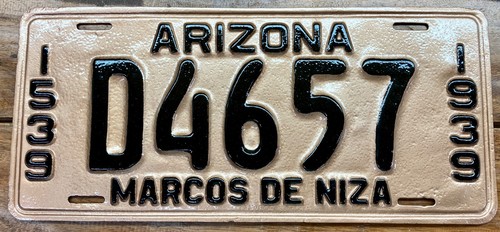 1939 YAVAPAI COUNTY ARIZONA 400 YEAR ANNIVERSARY LICENSE PLATE D 4657 MVD CLEAR!