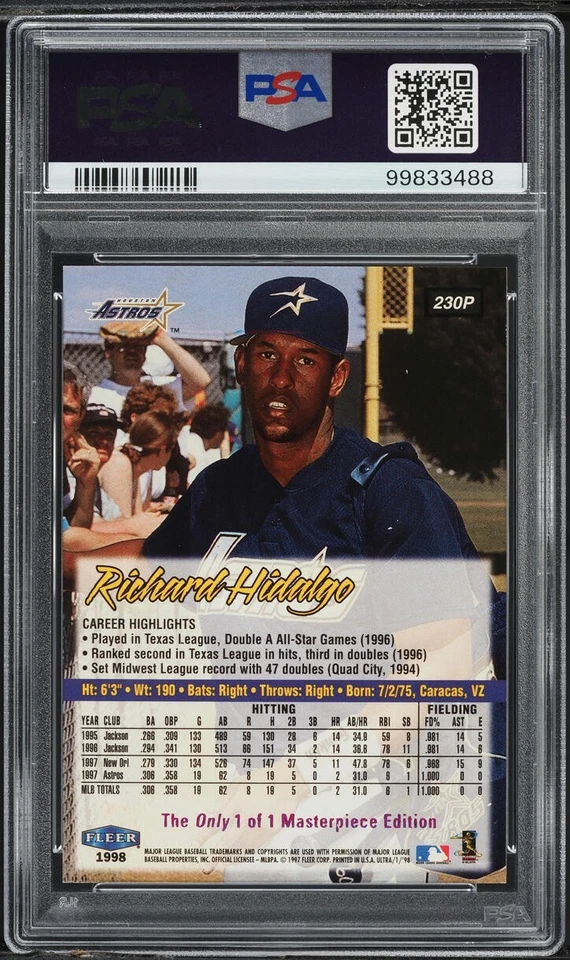 Fleer Ultra True Purple Masterpiece 1998 #230 Richard Hidalgo RC #1/1 PSA 9 como nuevo Foto 2 de 2