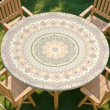 Round Tablecloth Waterproof Elastic Fitted Cover for 36-44 Round Tables Beige
