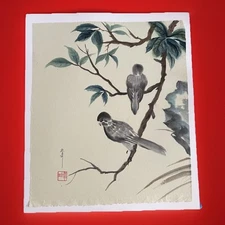 Original Sumi Ink Watercolor Painting Parrots Pair Artist Seal With Signature