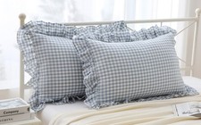 Blue White Plaid Ruffles Pillow Shams Checkered Pillowcases Gingham Queen Siz...