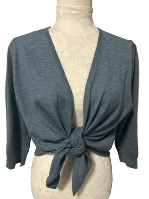 Soft Surroundings Cardigan Sweater Tie Crop Shrug PL Blue Coastal Cashmere Feel
