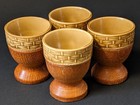 4x VINTAGE EGG CUPS with WOODEN BASES & CERAMIC TOPS Basketweave Pattern