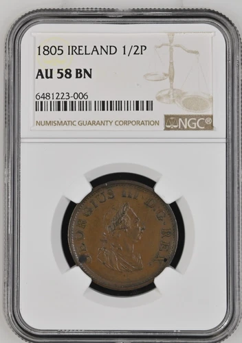 1805 Ireland Hibernia 1/2 Penny - NGC AU58BN