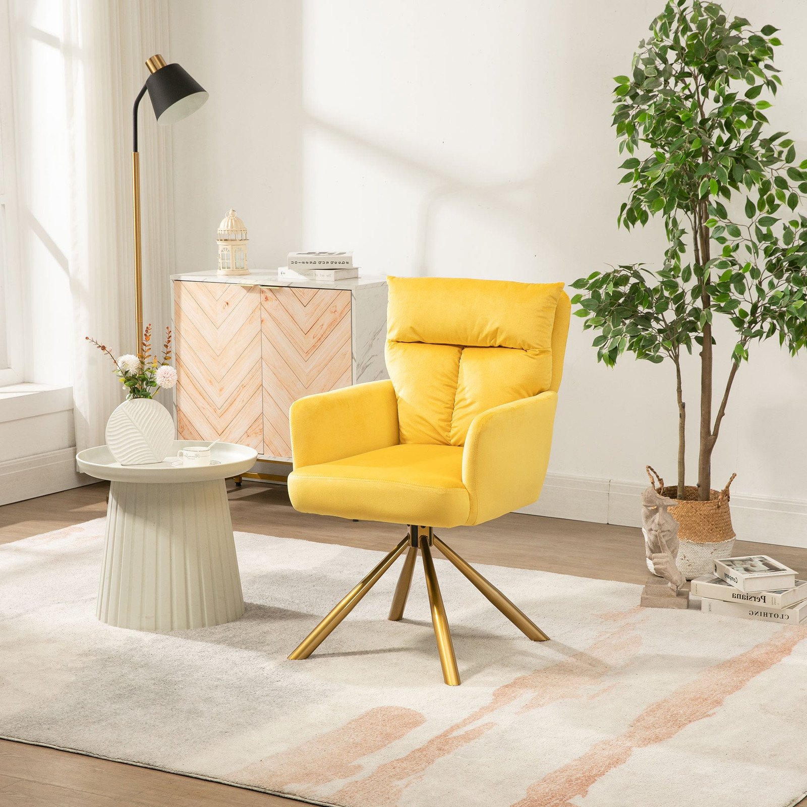 High-Back Yellow Velvet Swivel Accent Chair with Contemporary Design
