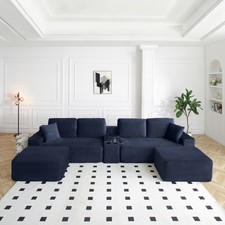 150" Oversized Cloud Couch w/ Cup Holders  USB Ports, Blue Corduroy