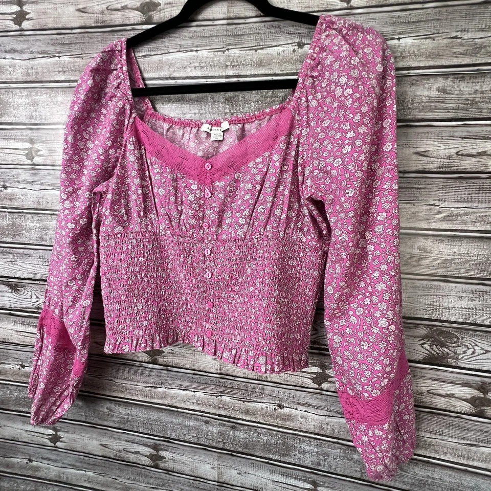 Новый с Ярлыками American Eagle Топ женщин средний розовый цветочный со сборками длинным рукавом богемное