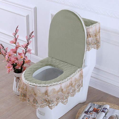 3Pcs European Toilet Seat Cover Water Tank cover Zipper Lace Lid Pad Bathroom - Picture 2 of 21