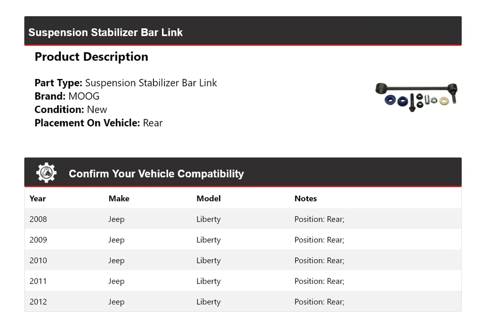 Barra estabilizadora de suspensión trasera MOOG 2008-2012 Jeep Liberty 2008 2009 Foto 2 de 4