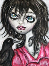 Raven Girl Bird Art Decor 4x6 Print Artist KSams Gothic Woman Crow Blackbird