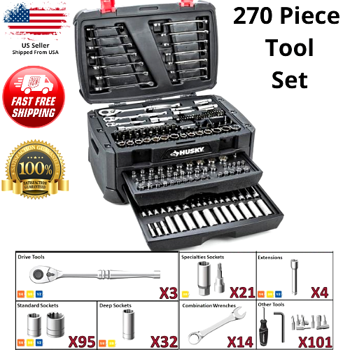 Husky 270 Piece Mechanics Tool Set W/ Hard Case SAE Metric Socket