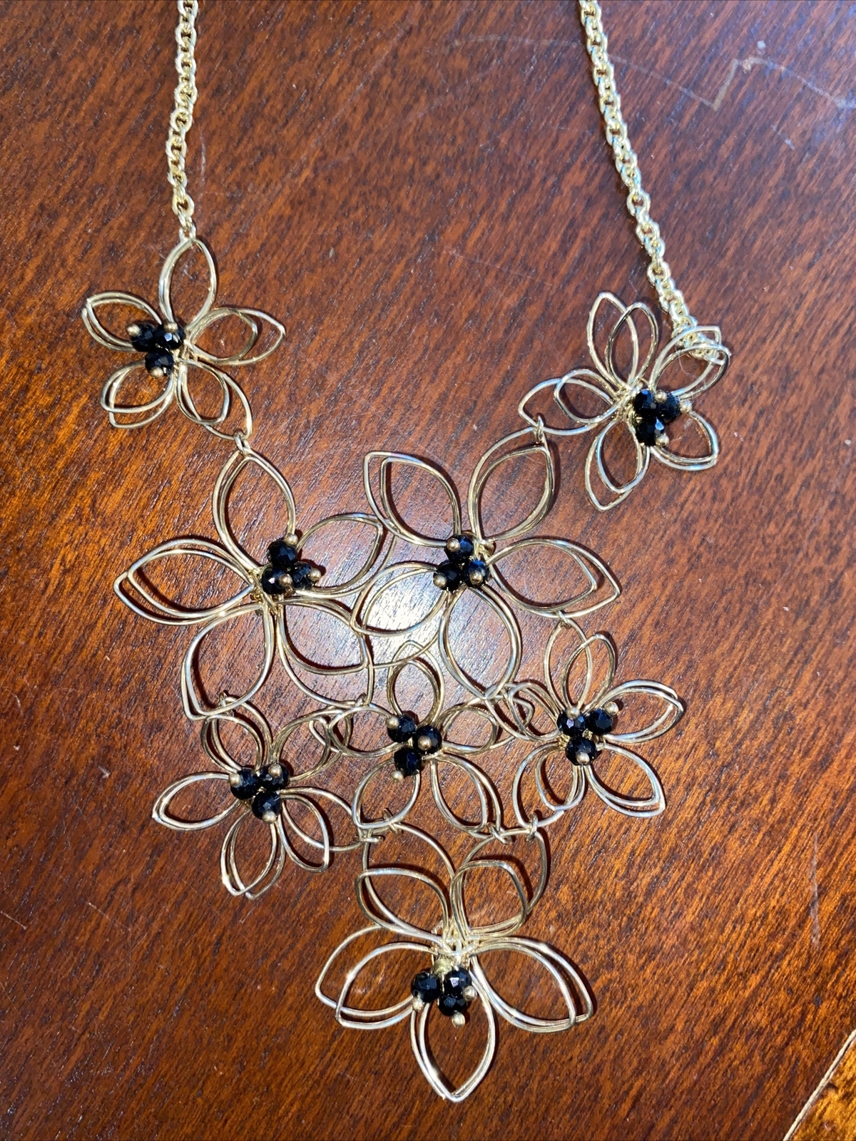 Delicate STATEMENT NECKLACE Gold Wire Flower & Black Rhinestone Beaded