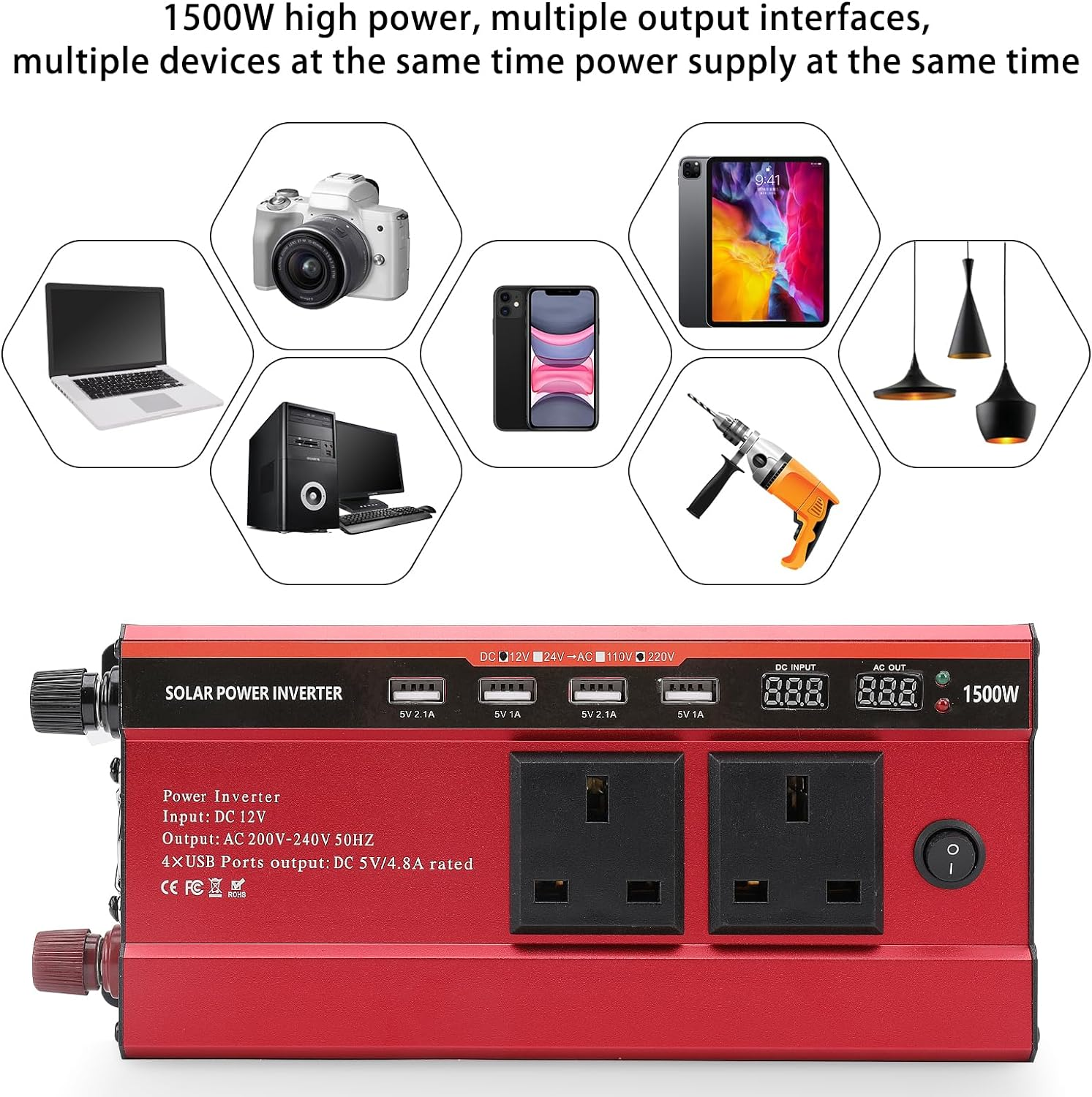 Power Inverter 1500W Car Power Inverter 12V to 240V, AC Car Converter